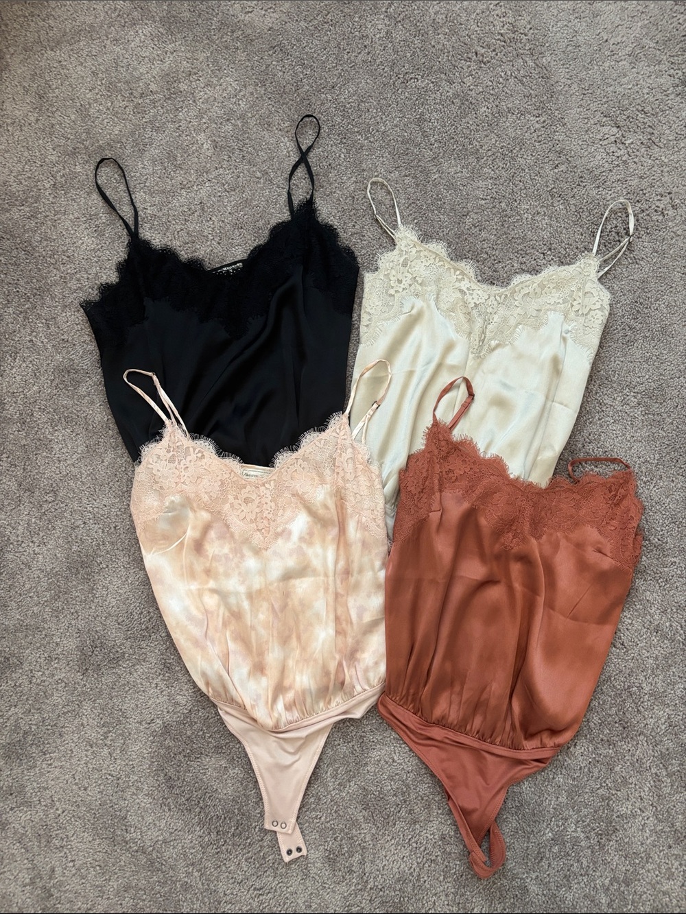 Abercrombie & Fitch Lace-Trim Satin Bodysuit Set - Black, Ivory, Blush, Rust